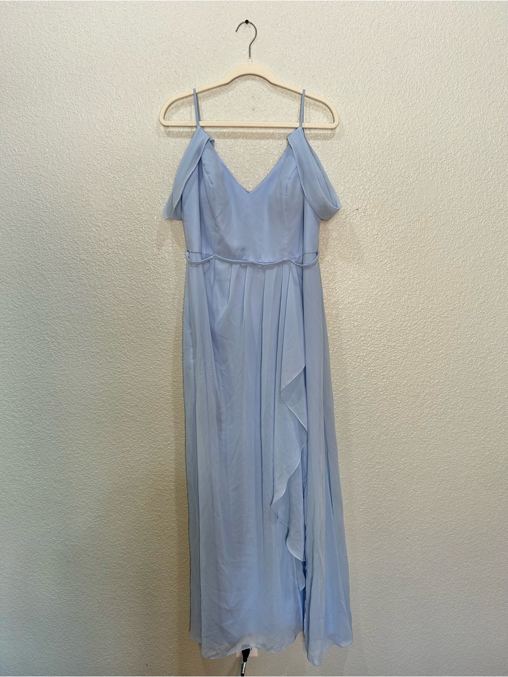 David's Bridal Cascading Off-the-Shoulder Chiffon Bridesmaid Dress in Ice Blue